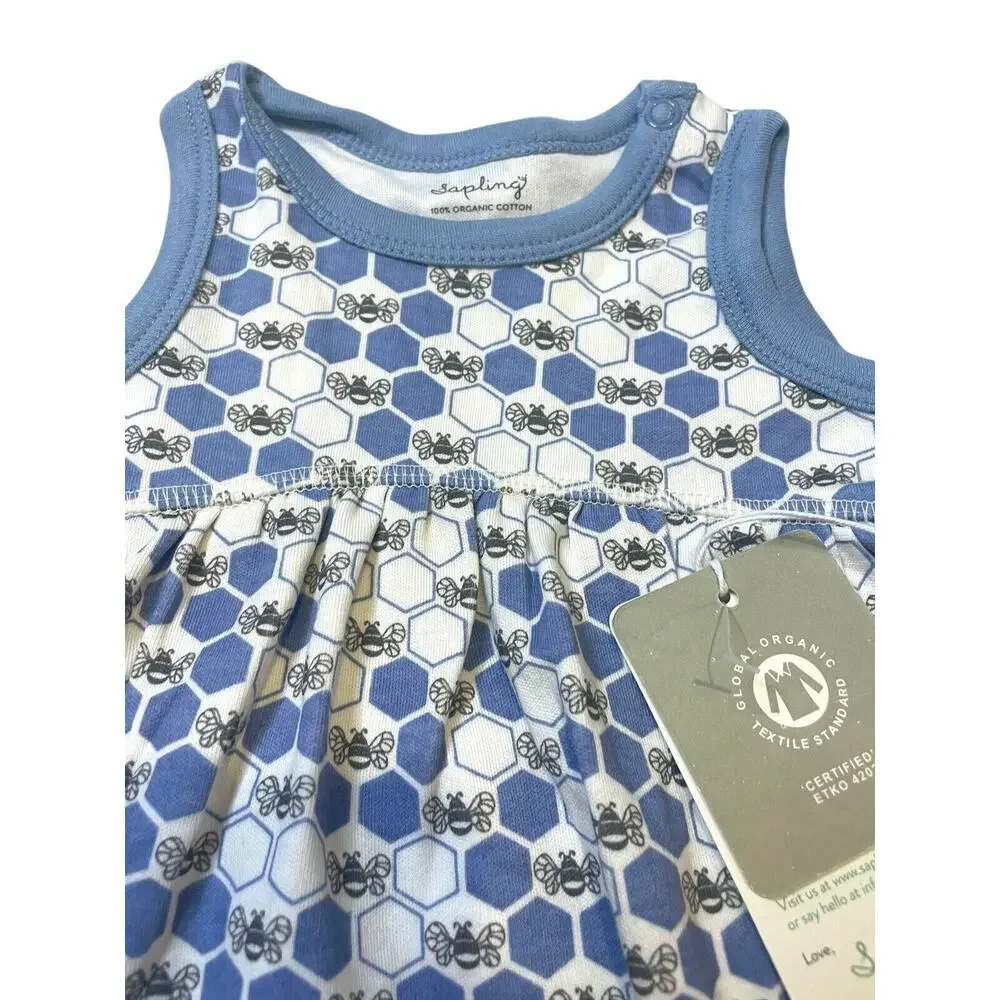 Sapling Cornflower Blue Bees Dress Sleeveless Organic Cotton Girls Size 3-6M NWT